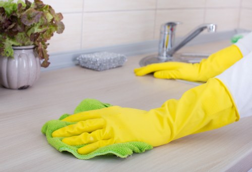 Professional cleaner maintaining a shared business area near Swiss Cottage