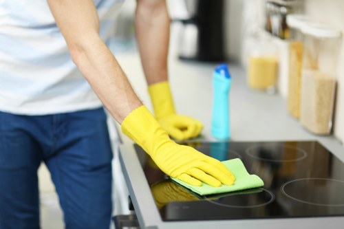 Local cleaners working in a Swiss Cottage flat with attention to dust and corners